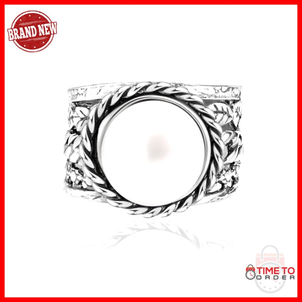 Sterling Silver Statement Ring Braid Leaf Pearl V… - image 4